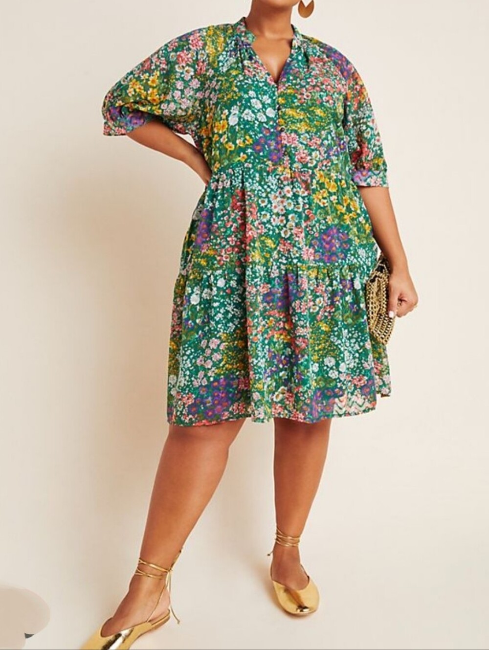 Maeve (Sz M) Multicolor Floral V-Neck Semi-sheer SS Tiered Skirt Hem Midi Dress - Picture 16 of 16